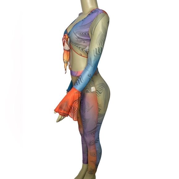 Stylish Long Sleeve Mesh Crop Top & Leggings Pants Set Breathable Trendy - Picture 3 of 16